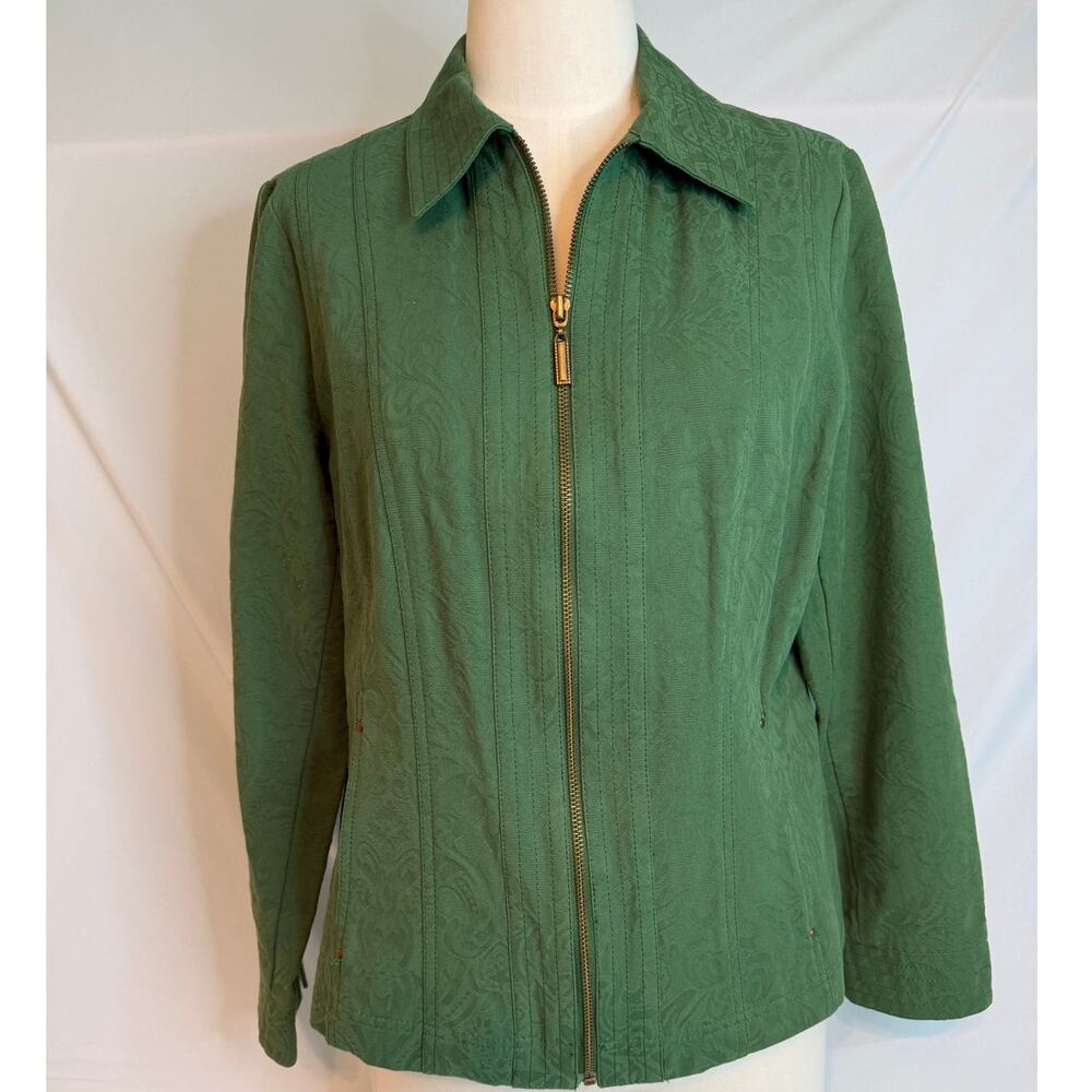 Coldwater Creek Jacket Brocade Green Full-Zip Cotton Pockets Women's‎ Size 14
